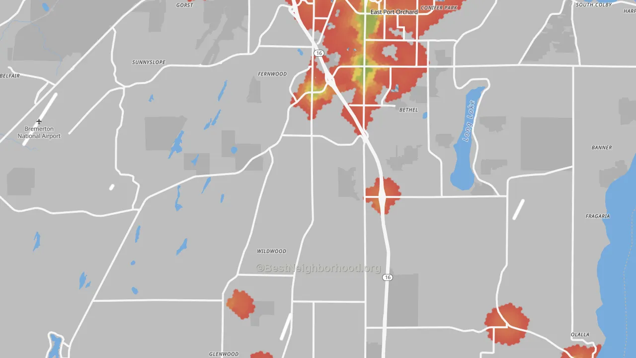 Walk Grade map of 98367, WA, walkable areas in green and car-dependent areas in red