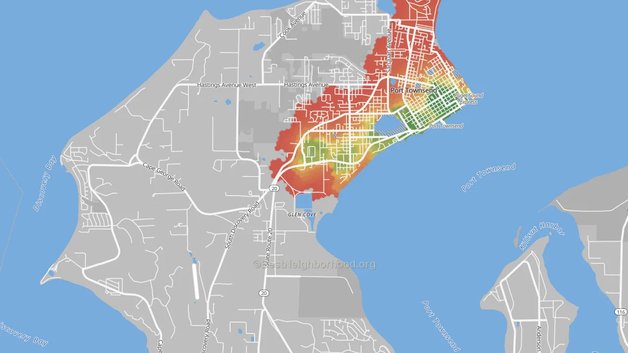 Walk Grade map of 98368, WA, walkable areas in green and car-dependent areas in red