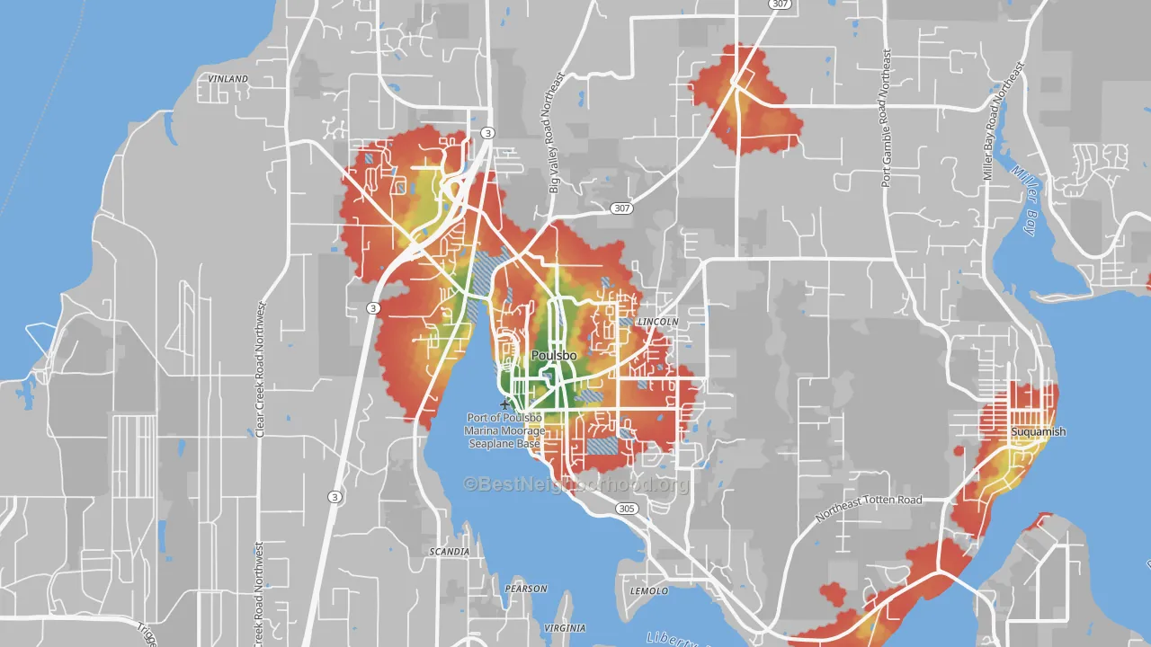 Walk Grade map of 98370, WA, walkable areas in green and car-dependent areas in red