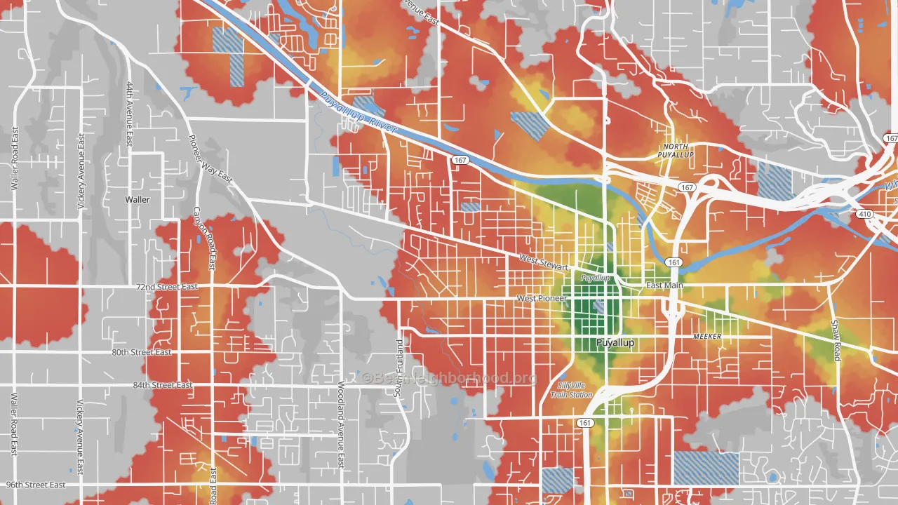 Walk Grade map of 98371, WA, walkable areas in green and car-dependent areas in red