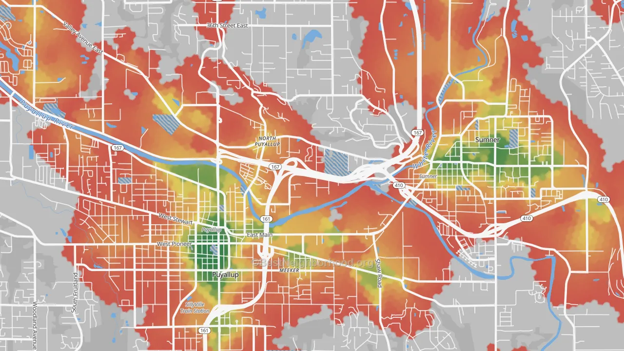 Walk Grade map of 98372, WA, walkable areas in green and car-dependent areas in red