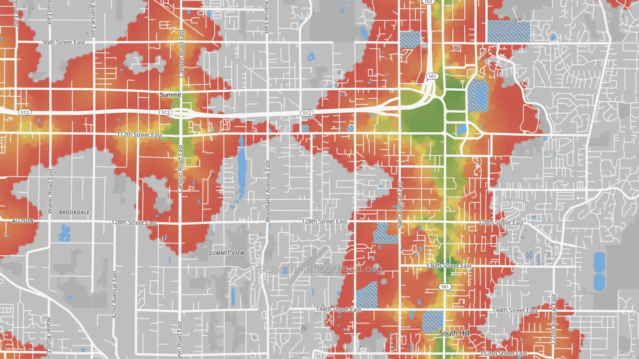 Walk Grade map of 98373, WA, walkable areas in green and car-dependent areas in red