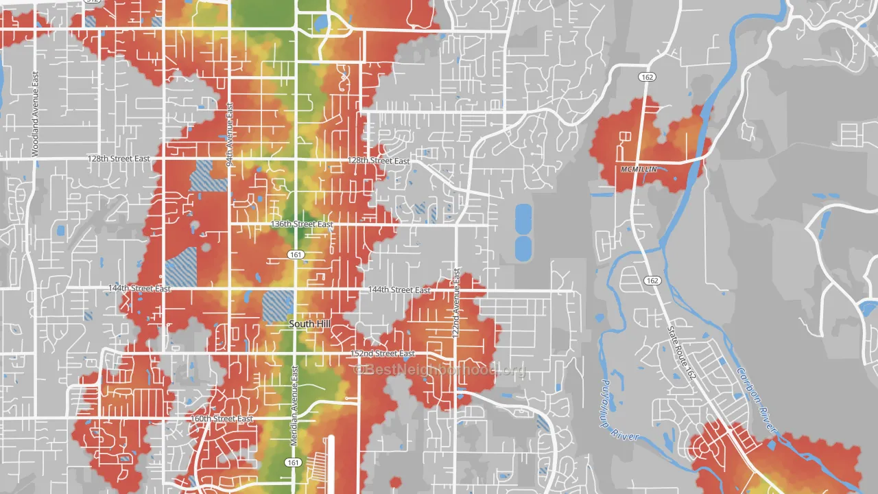 Walk Grade map of 98374, WA, walkable areas in green and car-dependent areas in red