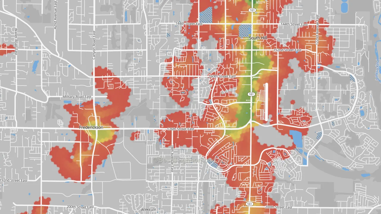 Walk Grade map of 98375, WA, walkable areas in green and car-dependent areas in red