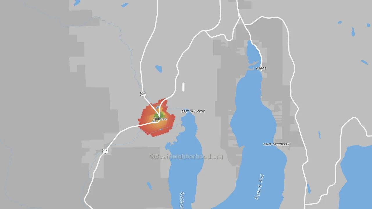 Walk Grade map of 98376, WA, walkable areas in green and car-dependent areas in red