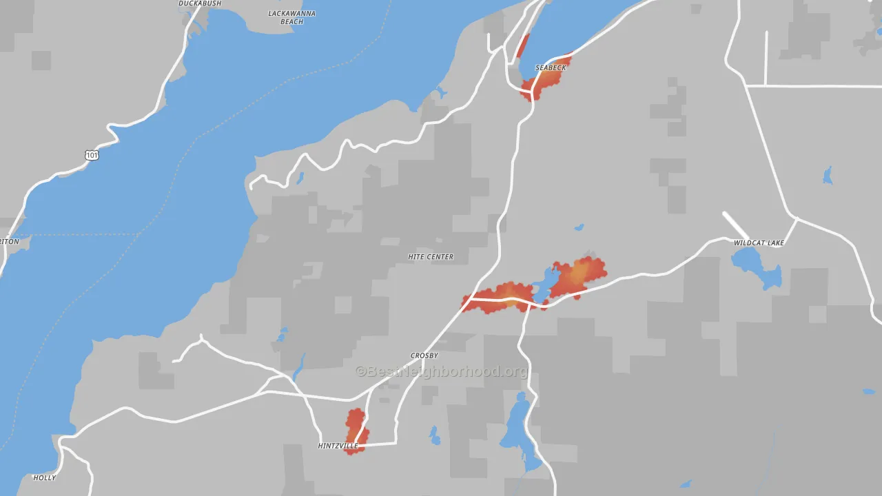 Walk Grade map of 98380, WA, walkable areas in green and car-dependent areas in red