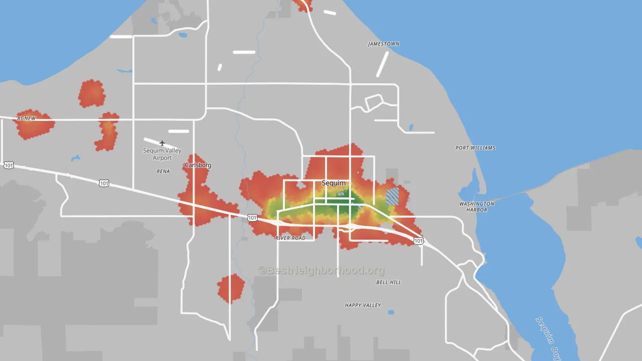 Walk Grade map of 98382, WA, walkable areas in green and car-dependent areas in red