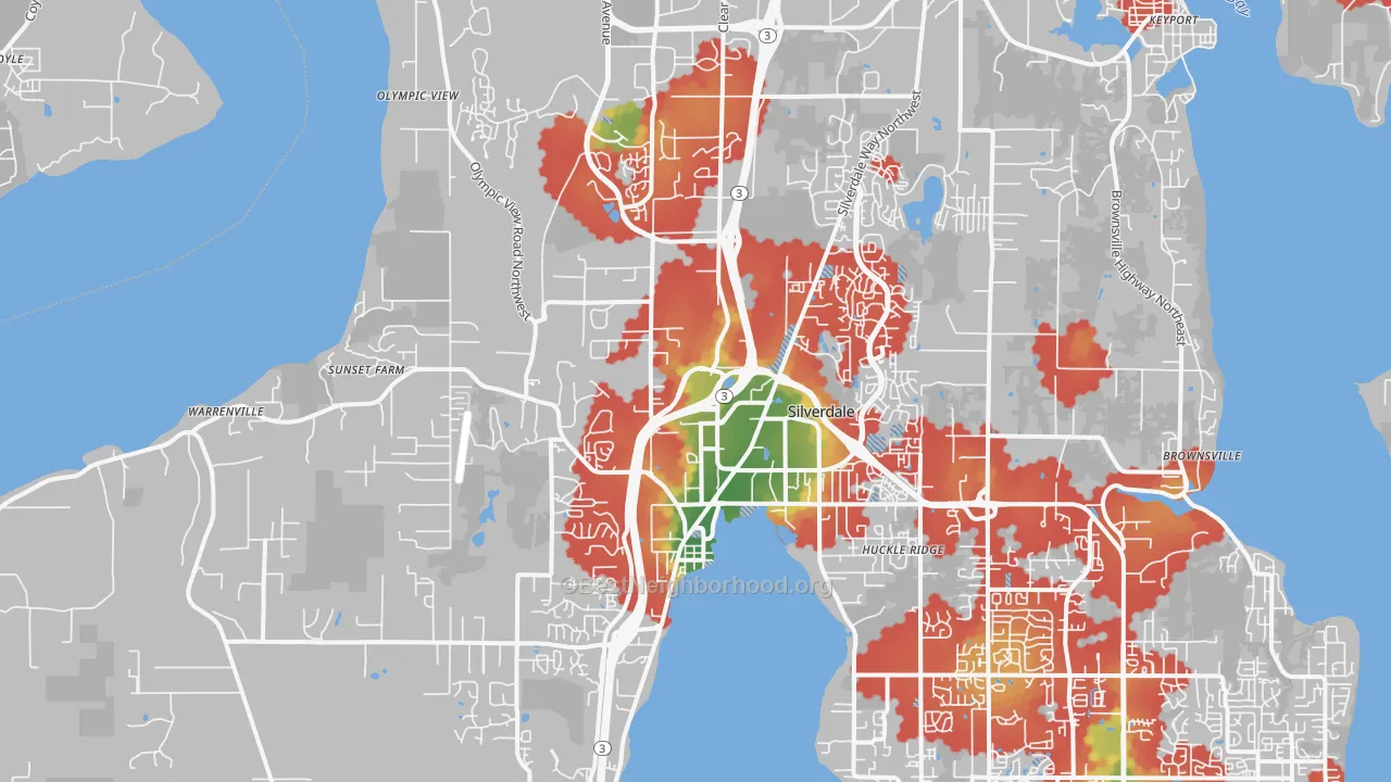 Walk Grade map of 98383, WA, walkable areas in green and car-dependent areas in red