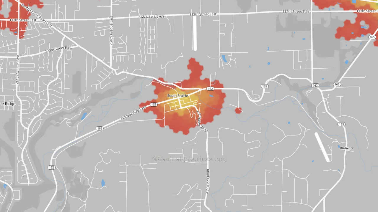 Walk Grade map of 98385, WA, walkable areas in green and car-dependent areas in red