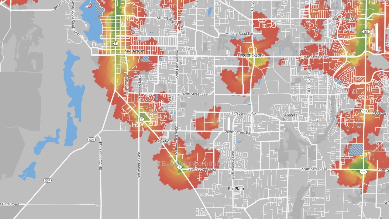 Walk Grade map of 98387, WA, walkable areas in green and car-dependent areas in red