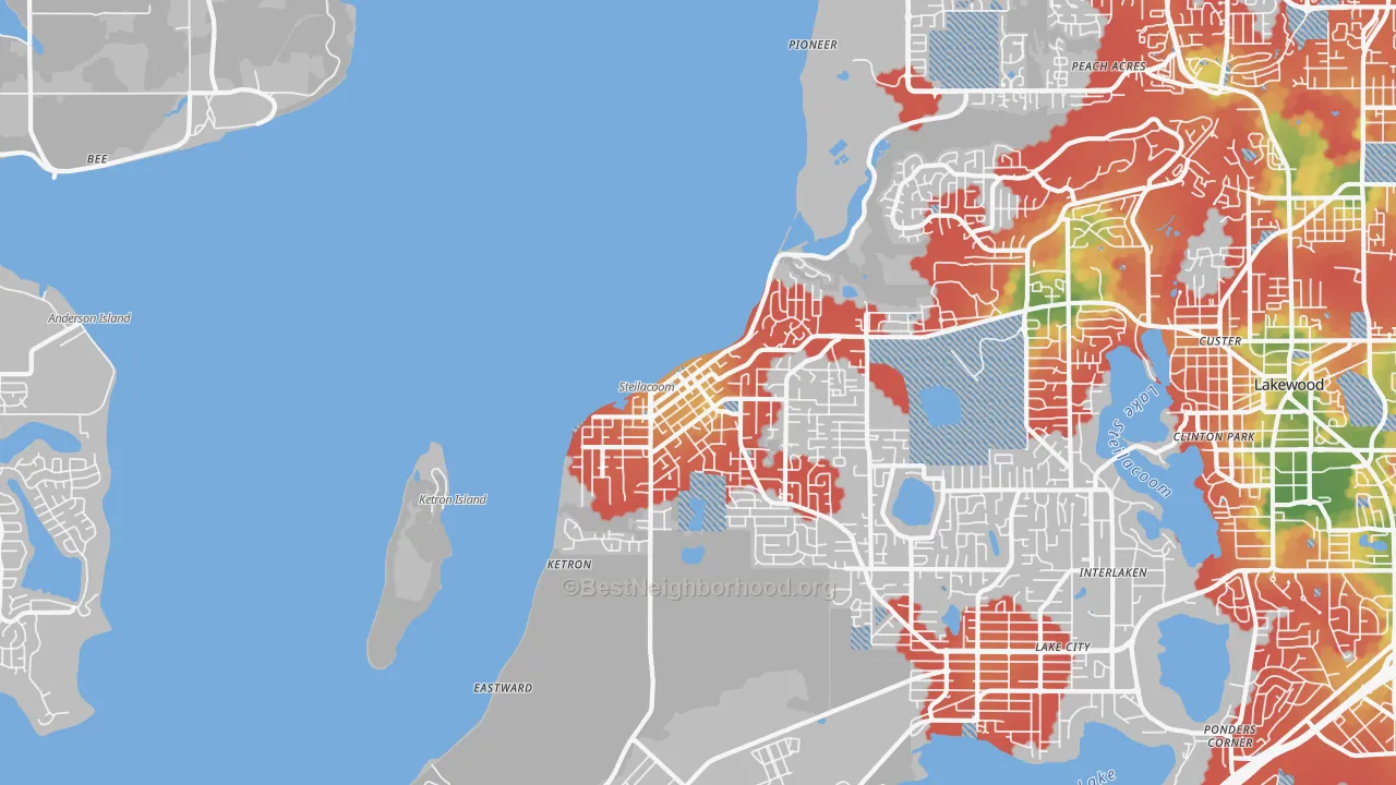 Walk Grade map of 98388, WA, walkable areas in green and car-dependent areas in red