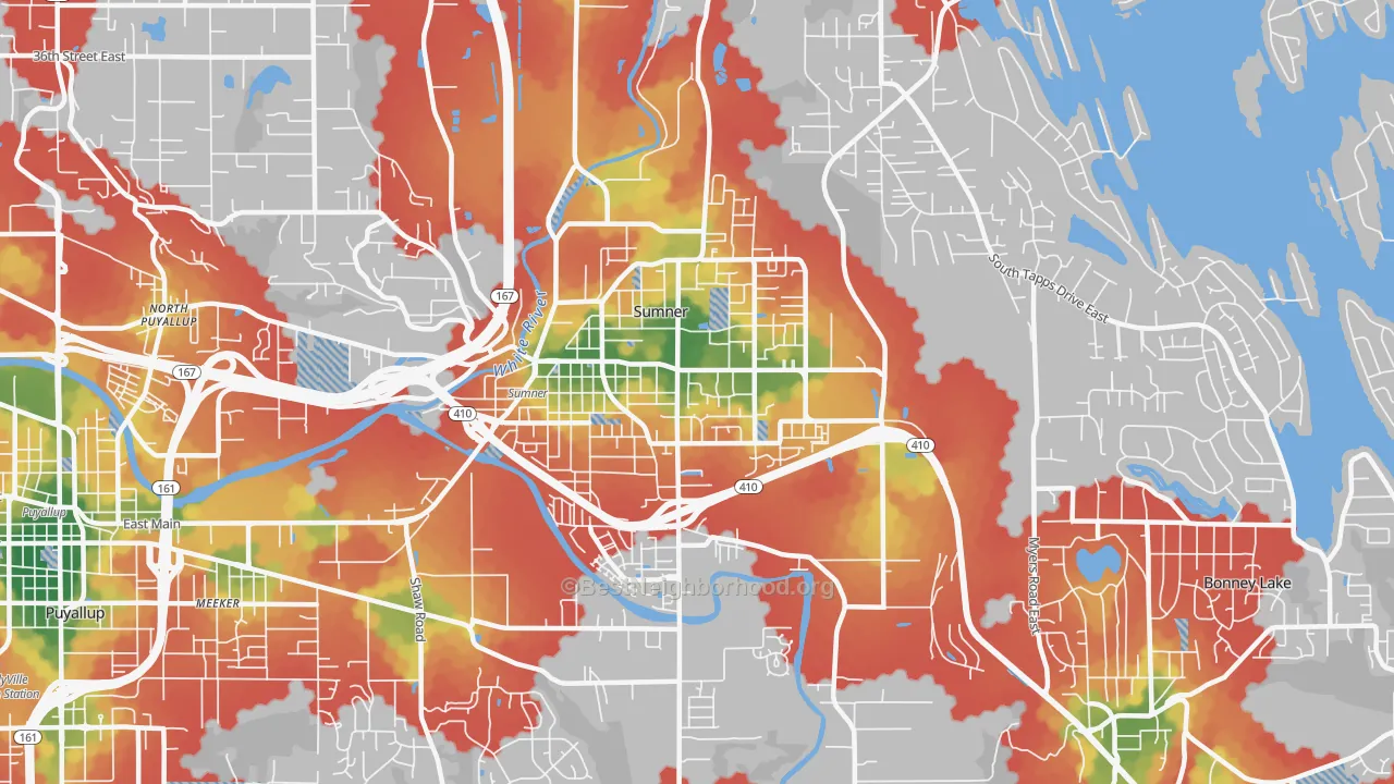 Walk Grade map of 98390, WA, walkable areas in green and car-dependent areas in red