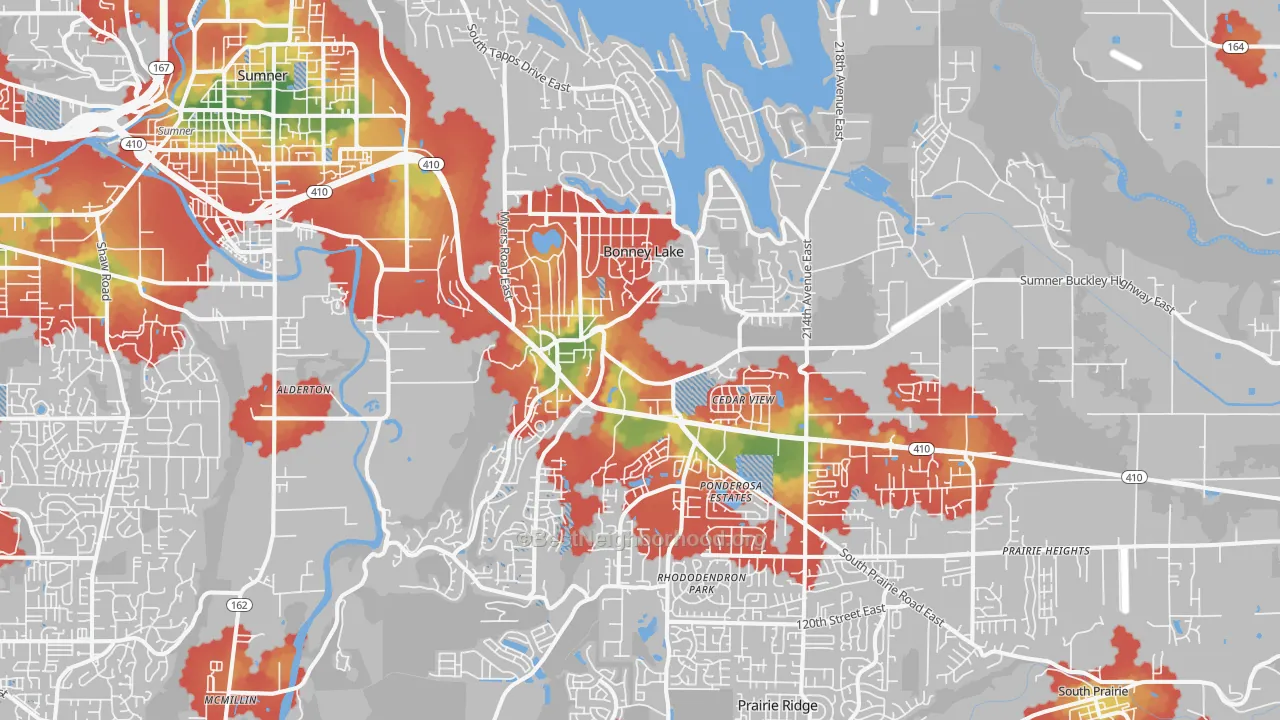 Walk Grade map of 98391, WA, walkable areas in green and car-dependent areas in red