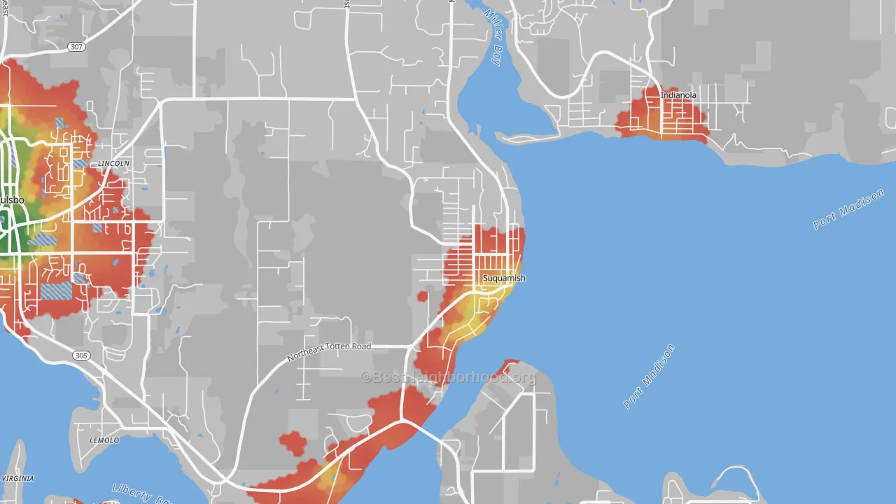 Walk Grade map of 98392, WA, walkable areas in green and car-dependent areas in red