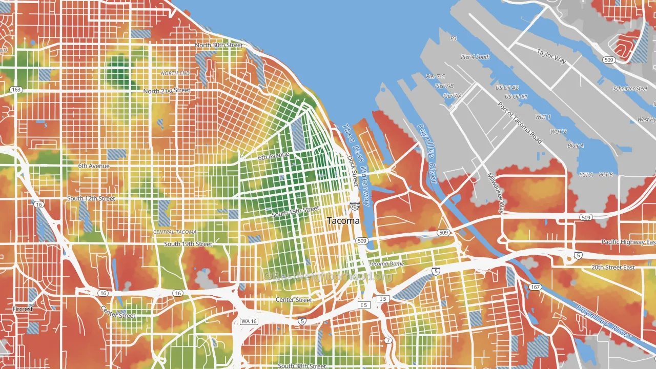 Walk Grade map of 98402, WA, walkable areas in green and car-dependent areas in red