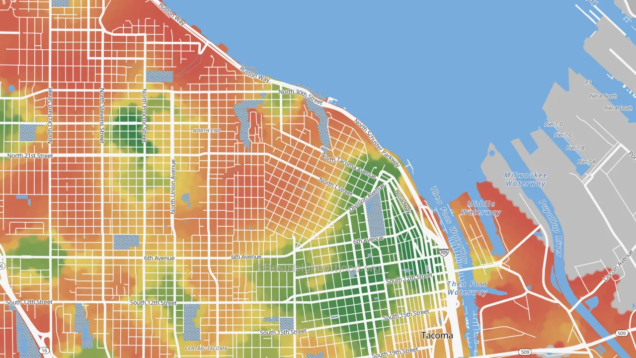 Walk Grade map of 98403, WA, walkable areas in green and car-dependent areas in red