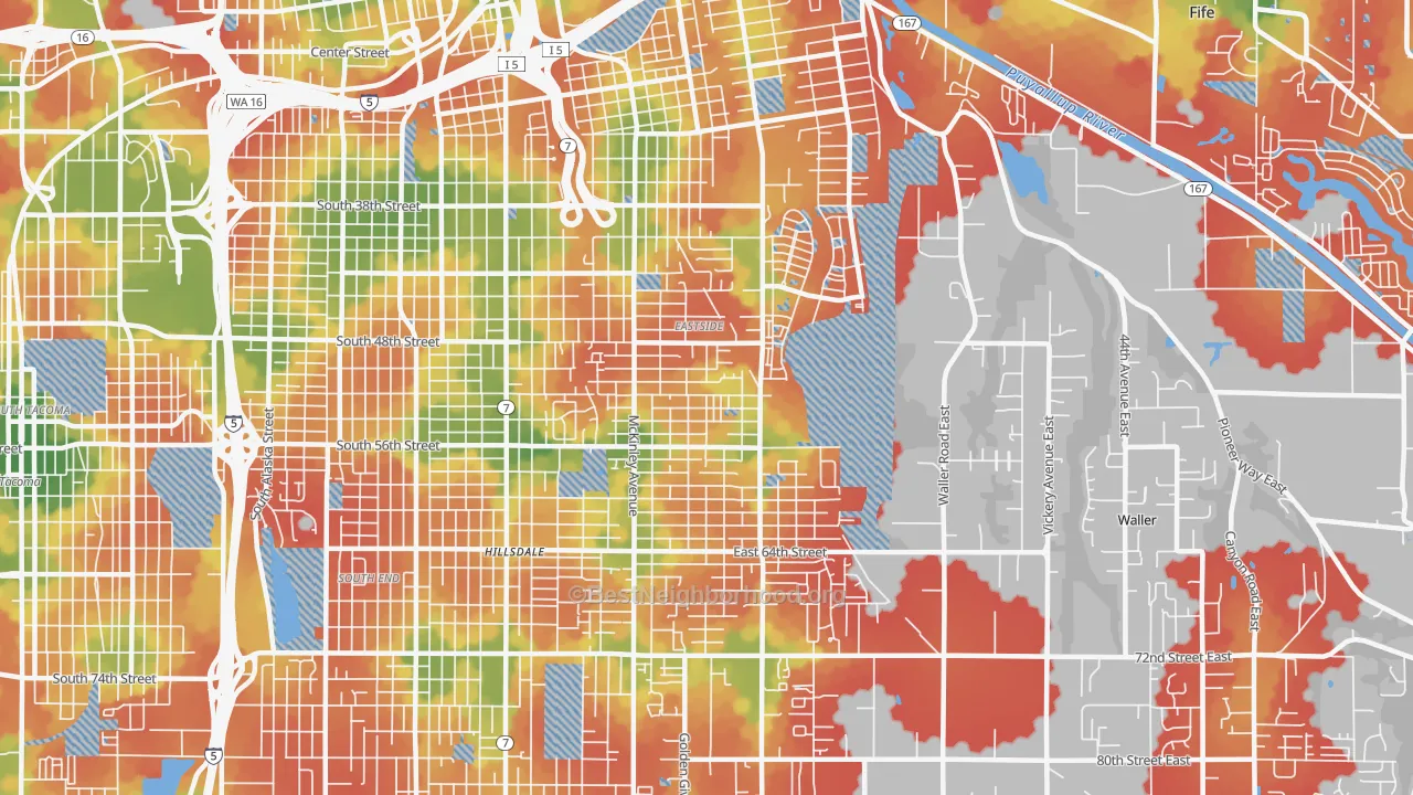 Walk Grade map of 98404, WA, walkable areas in green and car-dependent areas in red