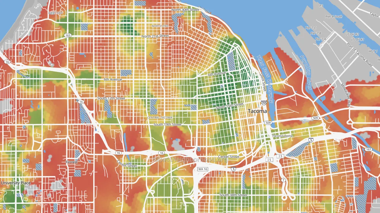 Walk Grade map of 98405, WA, walkable areas in green and car-dependent areas in red