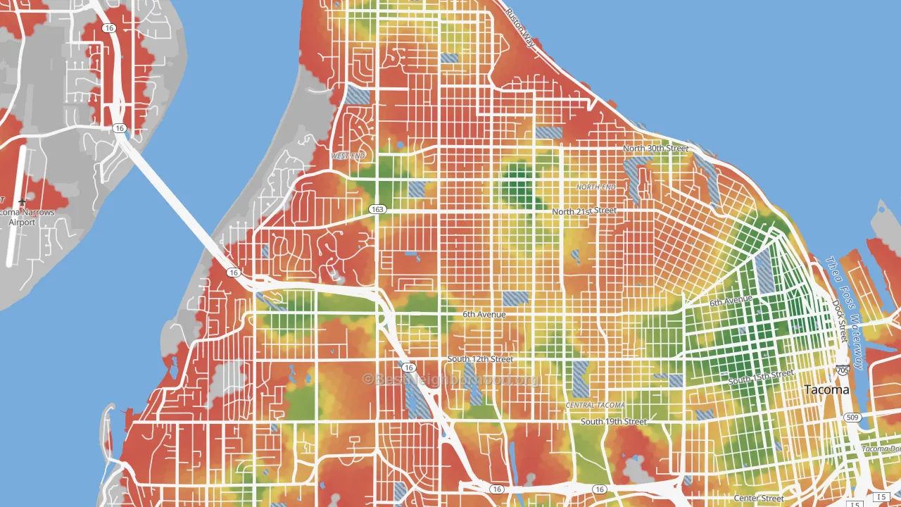 Walk Grade map of 98406, WA, walkable areas in green and car-dependent areas in red