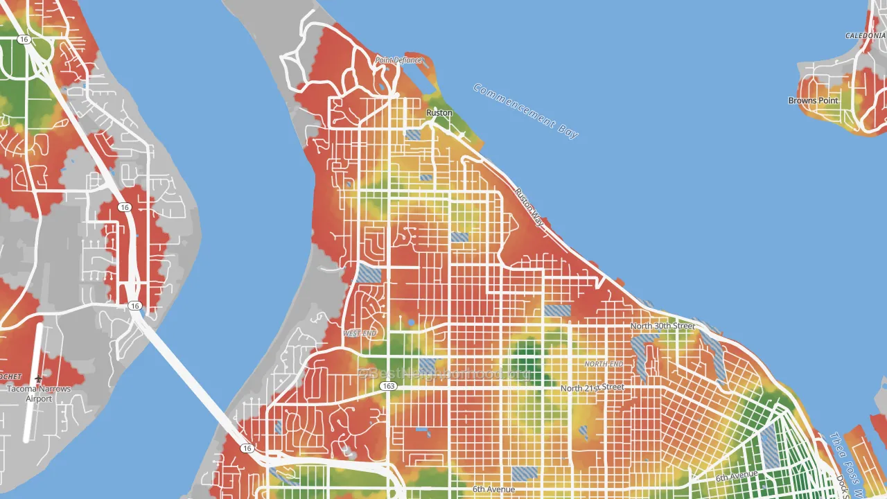 Walk Grade map of 98407, WA, walkable areas in green and car-dependent areas in red