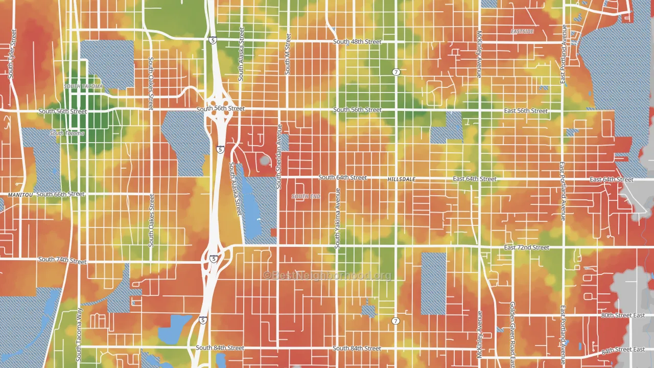 Walk Grade map of 98408, WA, walkable areas in green and car-dependent areas in red