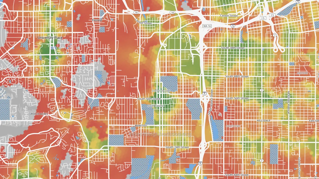 Walk Grade map of 98409, WA, walkable areas in green and car-dependent areas in red