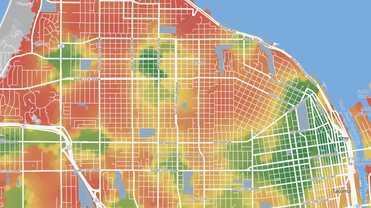 Walk Grade map of 98416, WA, walkable areas in green and car-dependent areas in red