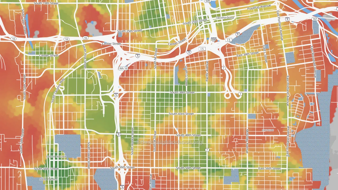 Walk Grade map of 98418, WA, walkable areas in green and car-dependent areas in red