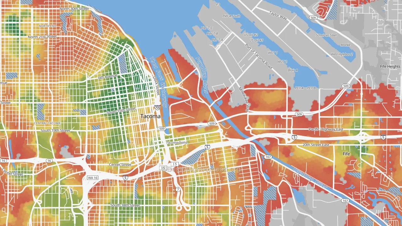 Walk Grade map of 98421, WA, walkable areas in green and car-dependent areas in red