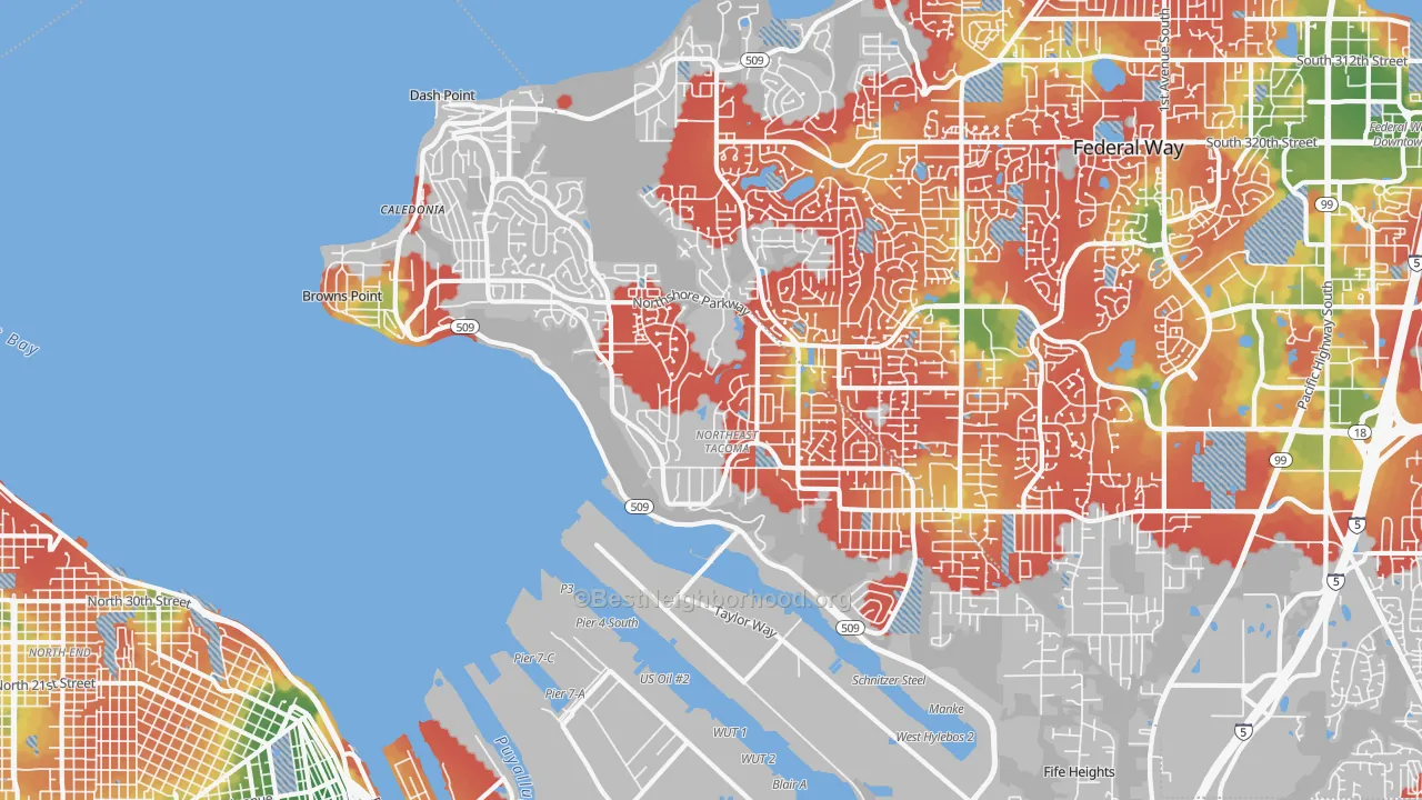 Walk Grade map of 98422, WA, walkable areas in green and car-dependent areas in red