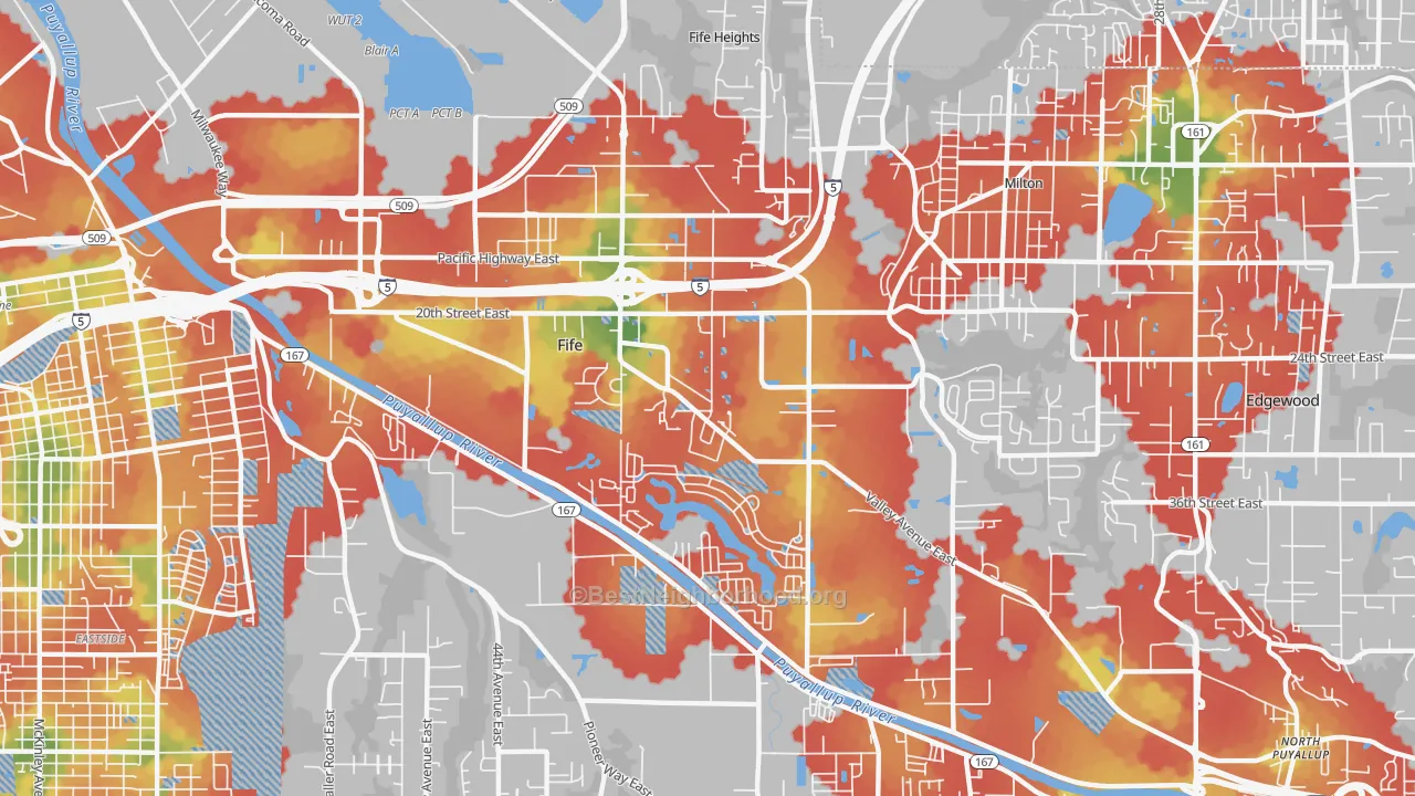 Walk Grade map of 98424, WA, walkable areas in green and car-dependent areas in red