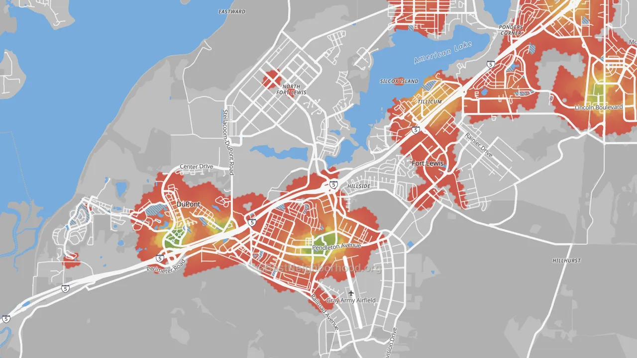 Walk Grade map of 98433, WA, walkable areas in green and car-dependent areas in red