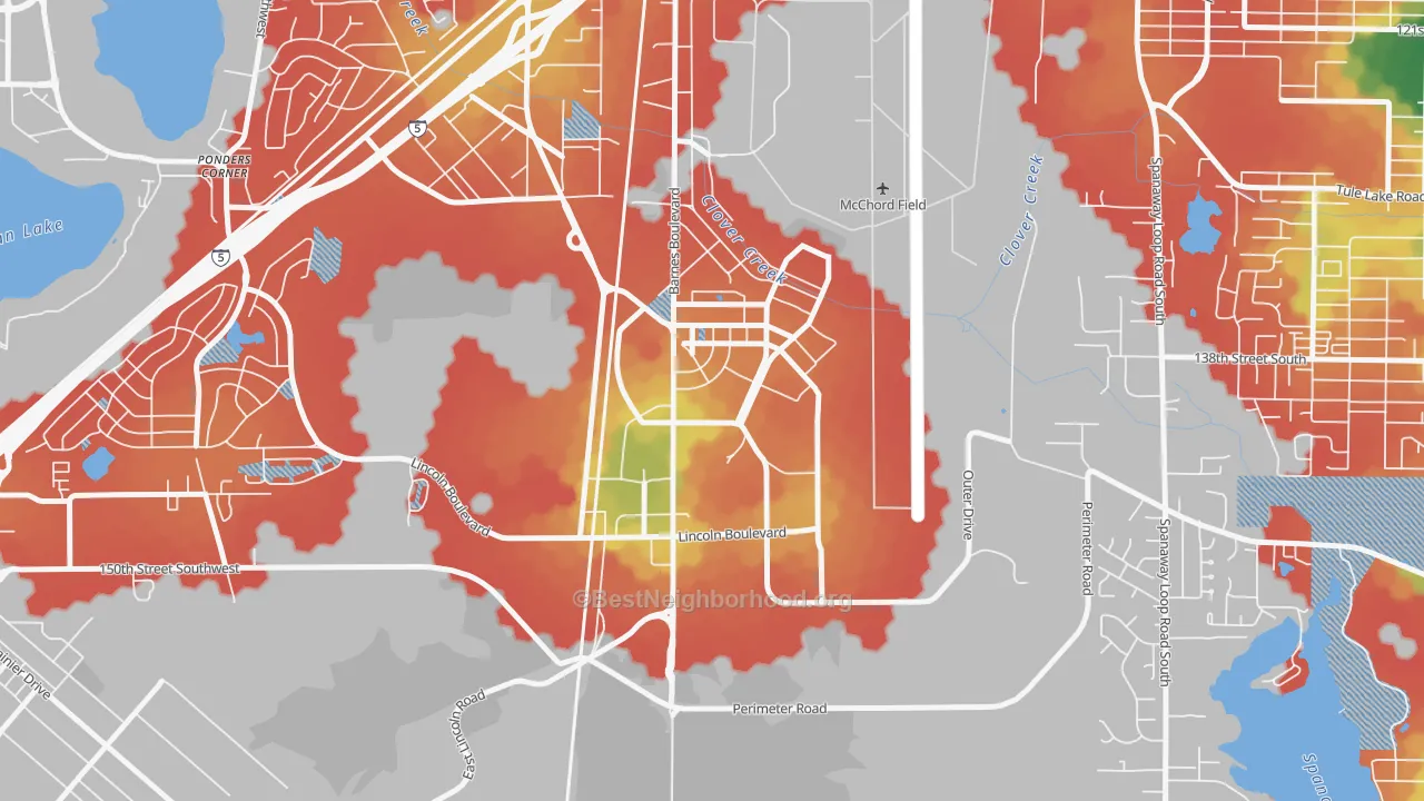 Walk Grade map of 98438, WA, walkable areas in green and car-dependent areas in red
