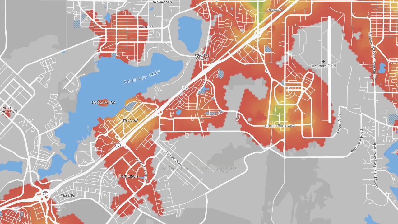 Walk Grade map of 98439, WA, walkable areas in green and car-dependent areas in red