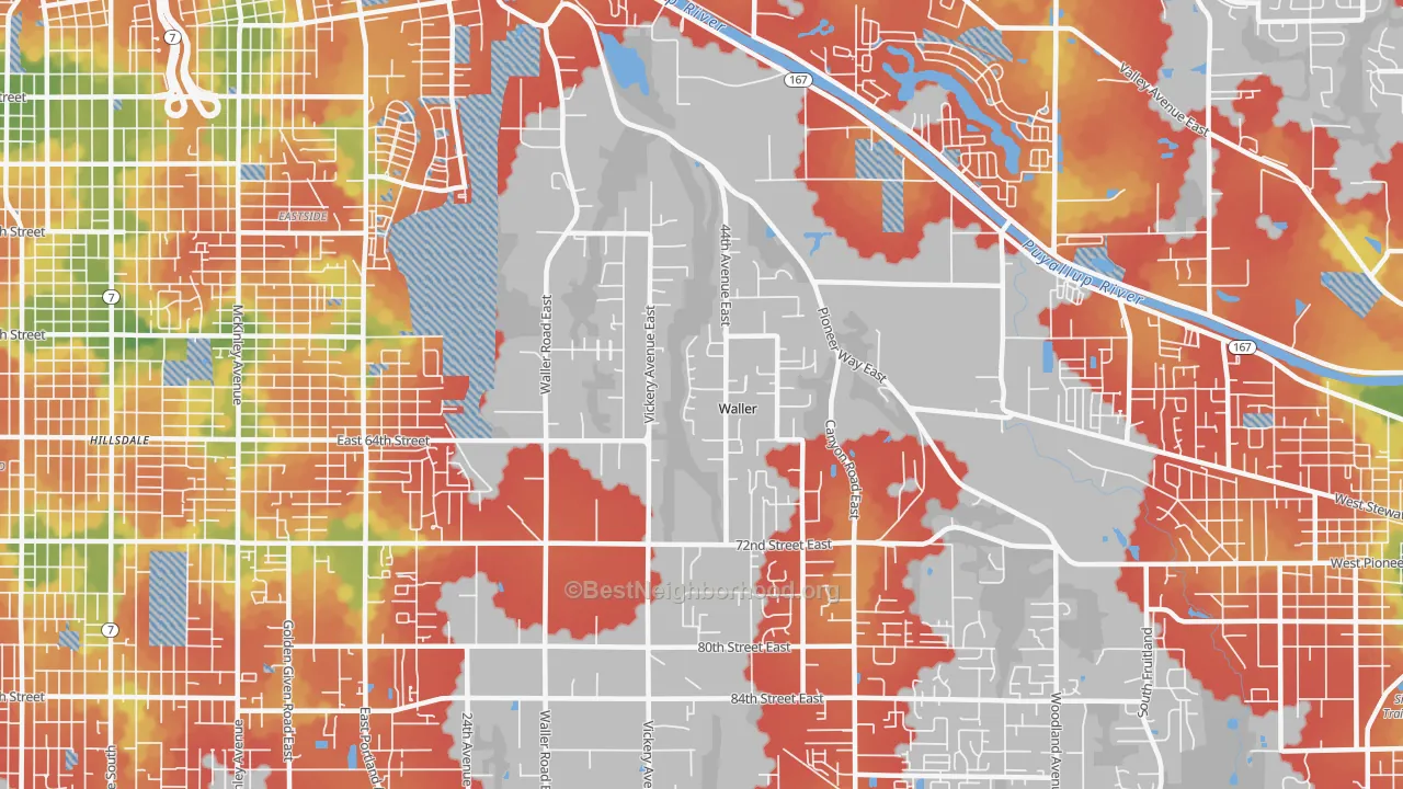 Walk Grade map of 98443, WA, walkable areas in green and car-dependent areas in red