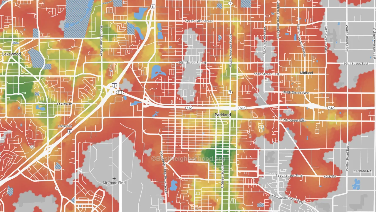 Walk Grade map of 98444, WA, walkable areas in green and car-dependent areas in red