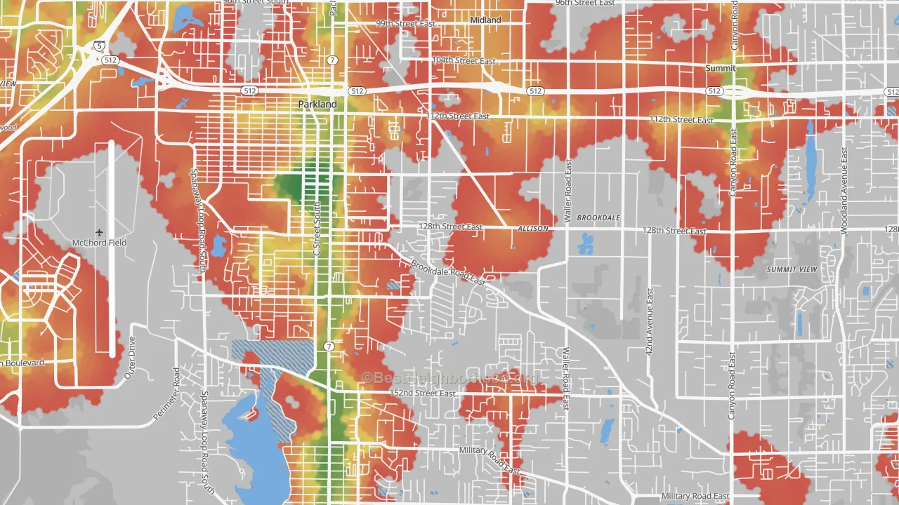 Walk Grade map of 98445, WA, walkable areas in green and car-dependent areas in red