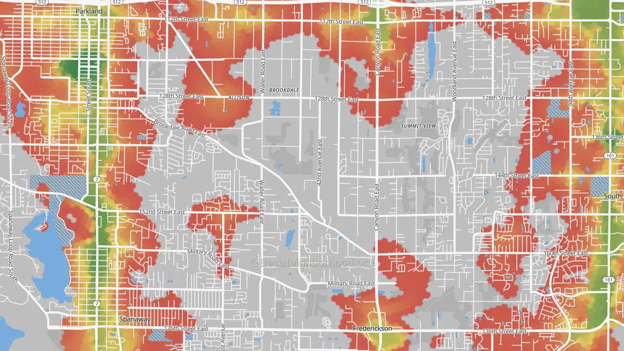 Walk Grade map of 98446, WA, walkable areas in green and car-dependent areas in red