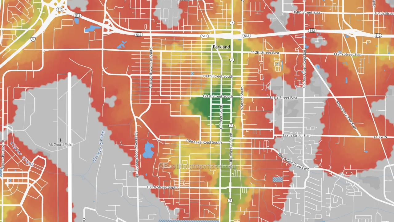 Walk Grade map of 98447, WA, walkable areas in green and car-dependent areas in red