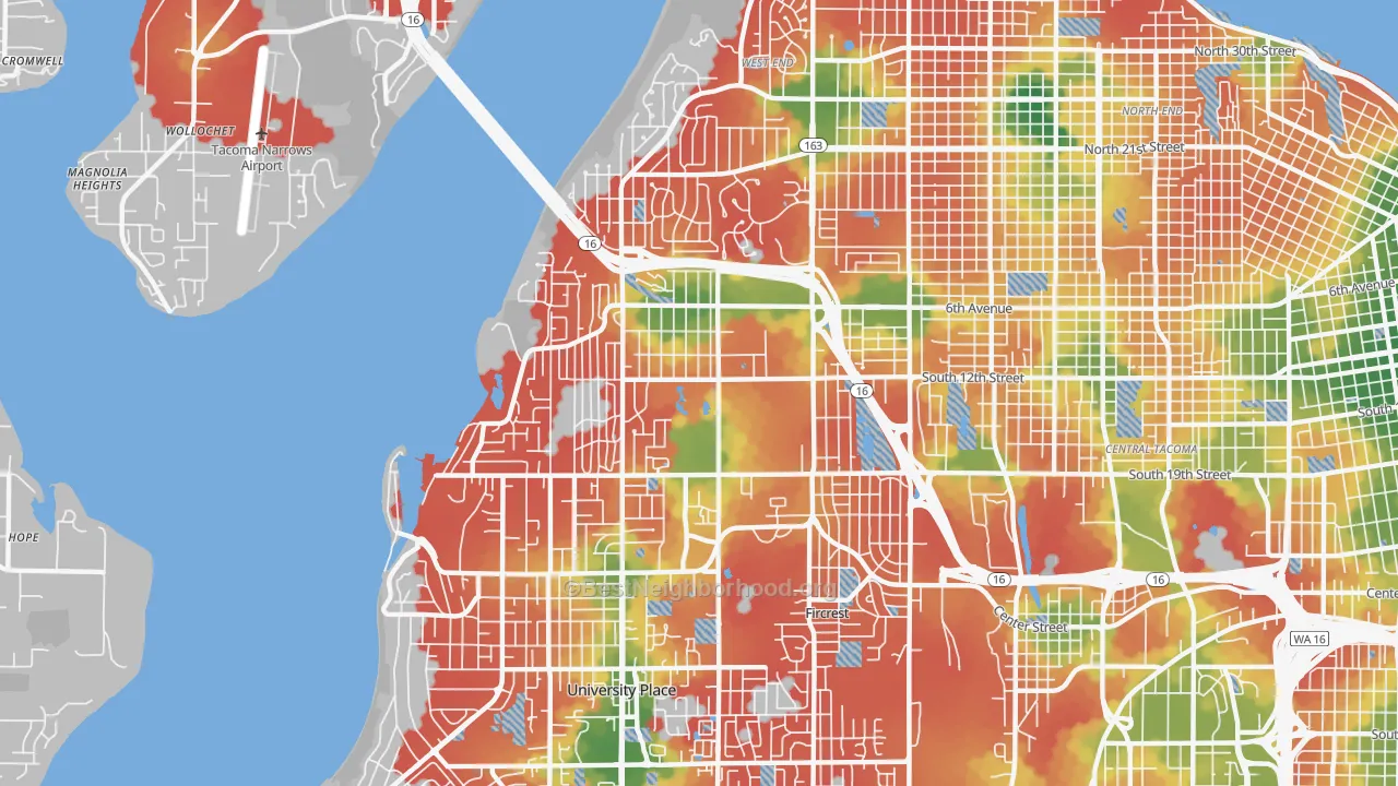 Walk Grade map of 98465, WA, walkable areas in green and car-dependent areas in red