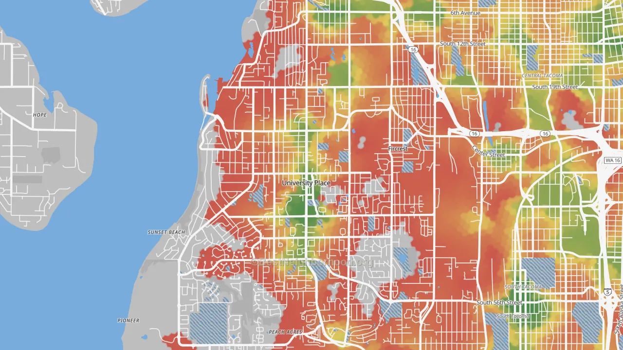 Walk Grade map of 98466, WA, walkable areas in green and car-dependent areas in red