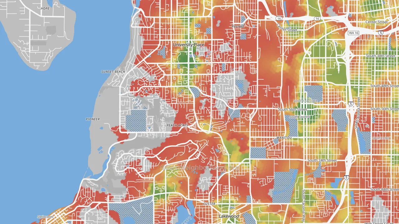 Walk Grade map of 98467, WA, walkable areas in green and car-dependent areas in red