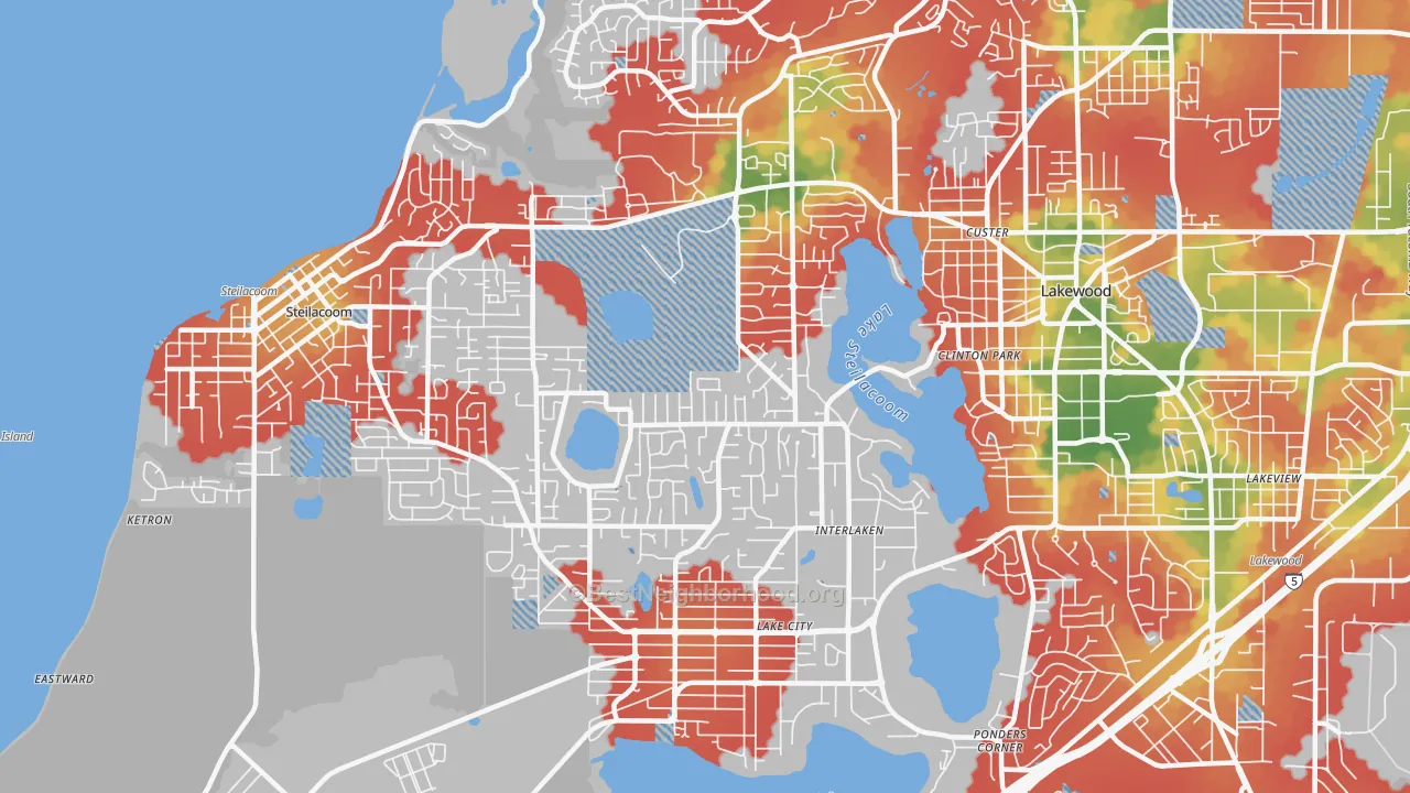 Walk Grade map of 98498, WA, walkable areas in green and car-dependent areas in red