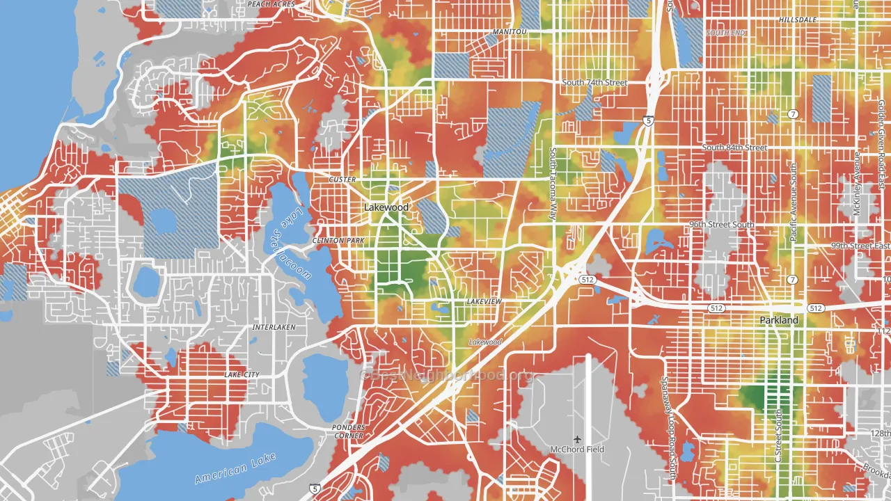 Walk Grade map of 98499, WA, walkable areas in green and car-dependent areas in red