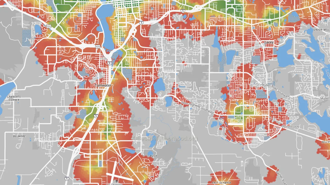 Walk Grade map of 98501, WA, walkable areas in green and car-dependent areas in red