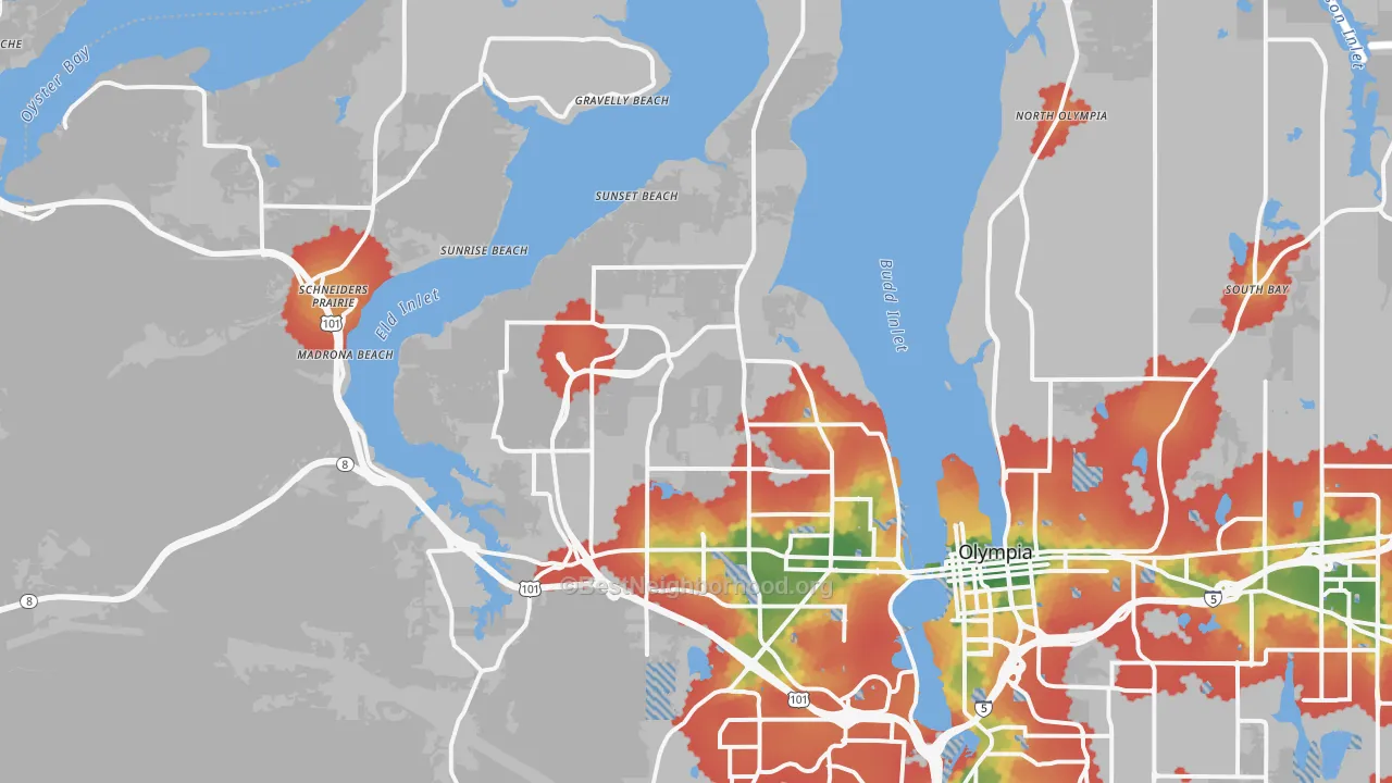 Walk Grade map of 98502, WA, walkable areas in green and car-dependent areas in red