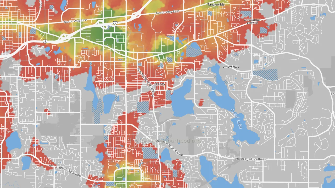 Walk Grade map of 98503, WA, walkable areas in green and car-dependent areas in red