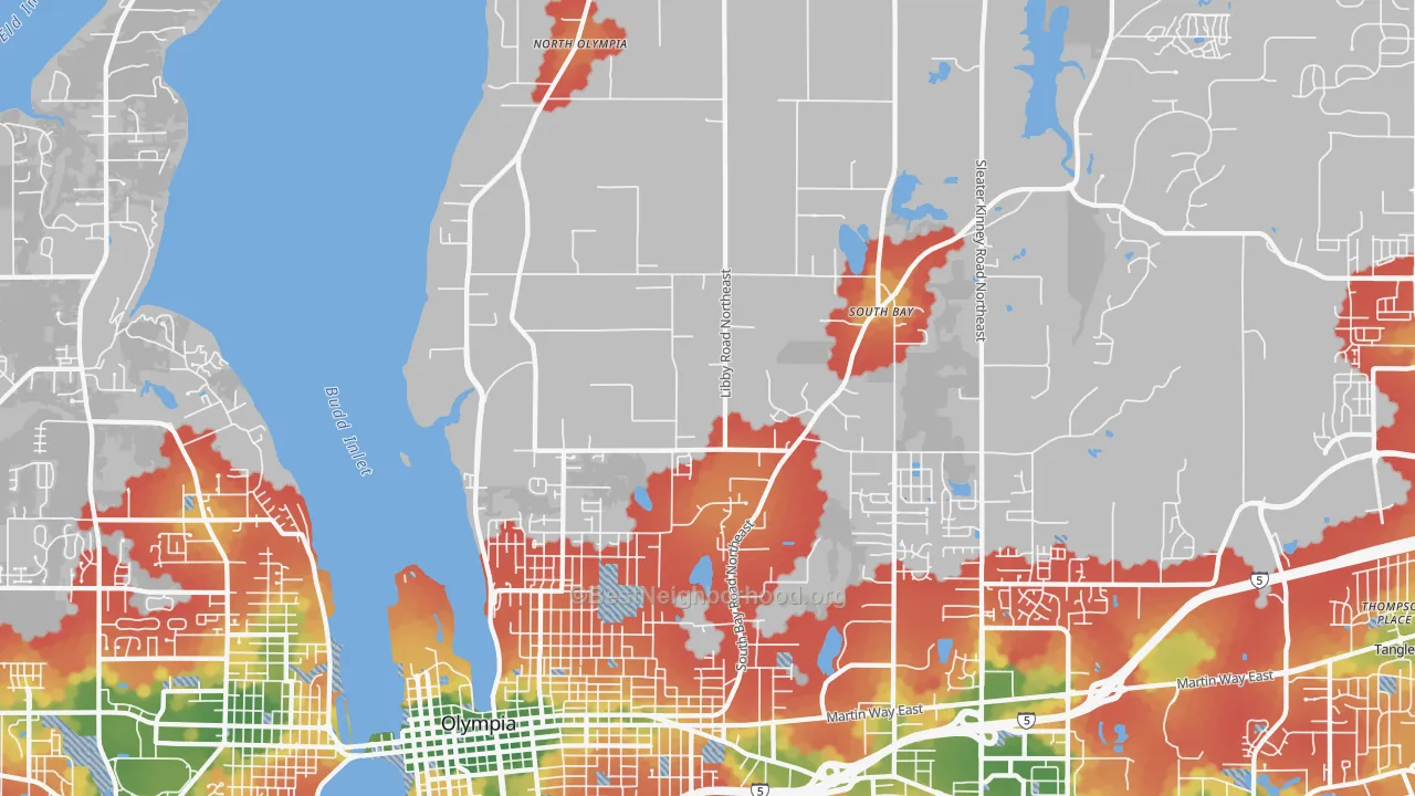 Walk Grade map of 98506, WA, walkable areas in green and car-dependent areas in red