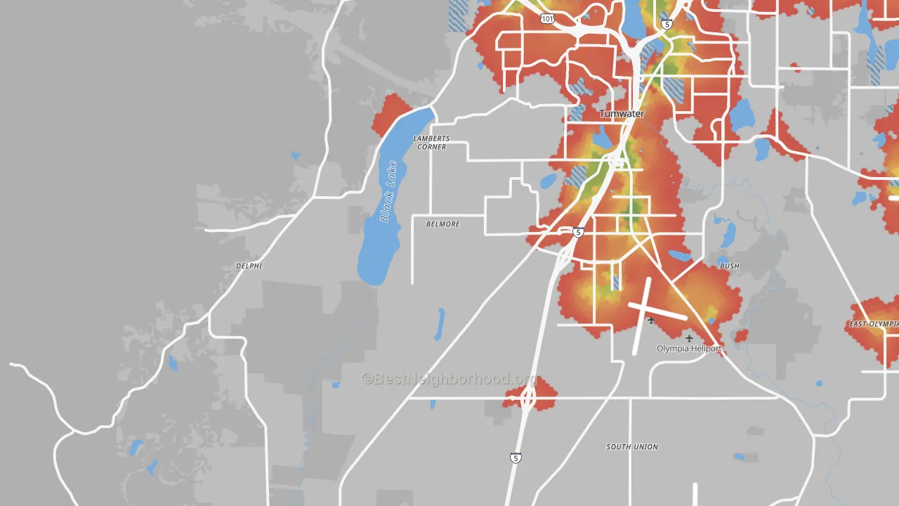 Walk Grade map of 98512, WA, walkable areas in green and car-dependent areas in red