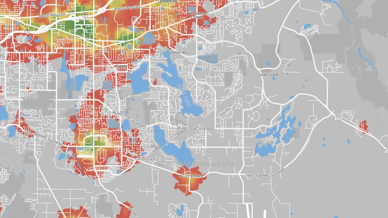 Walk Grade map of 98513, WA, walkable areas in green and car-dependent areas in red